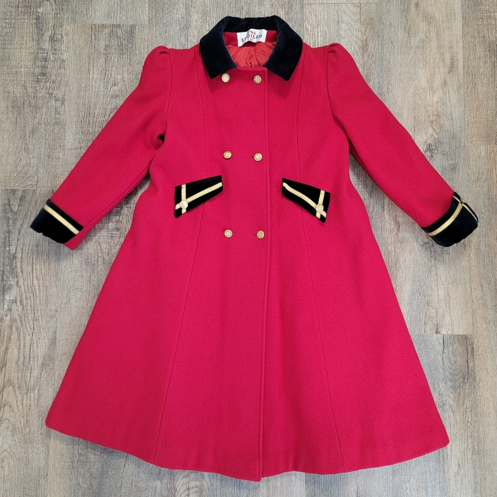 Spoiled Bebe Girls 14 Wool Blend Coat Red Navy Velvet Trim A Line Vintage *read